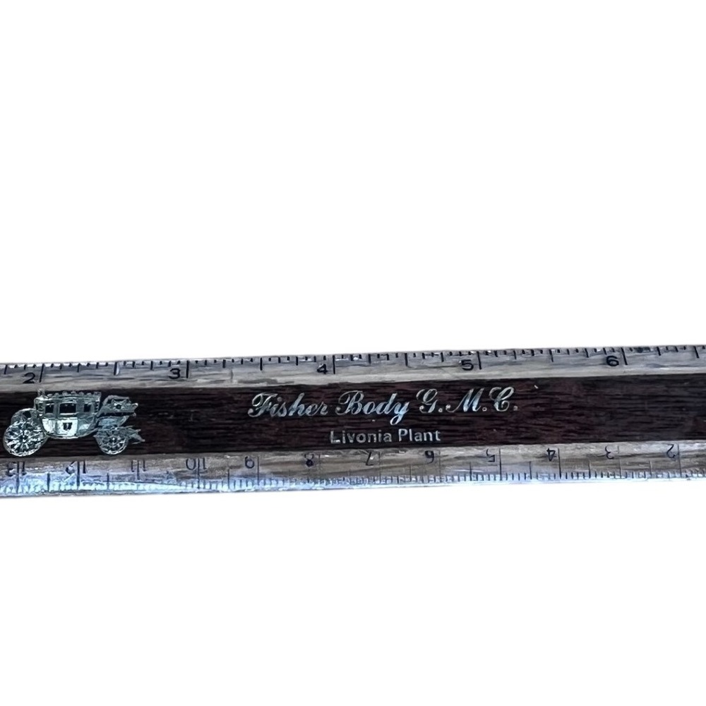 Fisher Body GMC Livonia Plant Vintage 6 Inch Ruler Wood Grain Carriage Logo